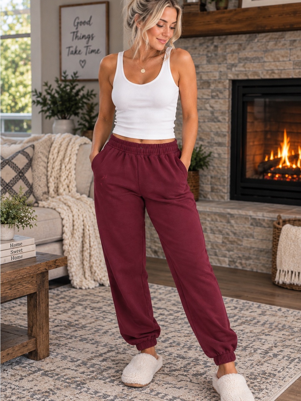 Brandy Melville Burgundy Cozy Track Joggers sweatpants mark on leg